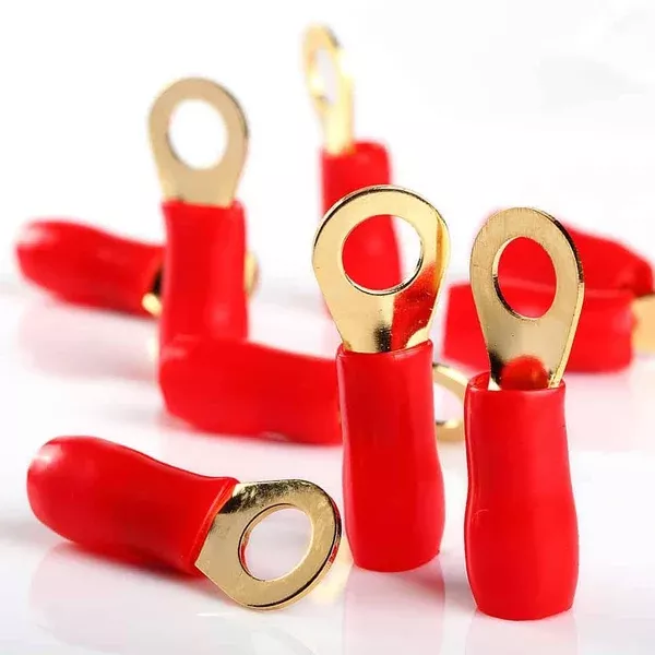 (10) Red Soft PVC Insulation 4 Gauge 3/8" Ring Terminal Gold Plated